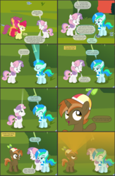 Size: 4550x7000 | Tagged: safe, artist:cyanlightning, apple bloom, button mash, scootaloo, sweetie belle, oc, oc:cyan lightning, alicorn, earth pony, pegasus, pony, unicorn, comic:cyan's adventure, g4, .svg available, absurd resolution, alicornified, buttoncorn, clothes, colt, comic, cutie mark crusaders, female, filly, hat, magic, male, mare, race swap, scarf, vector