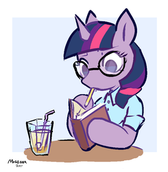 Size: 712x727 | Tagged: safe, artist:morgana, twilight sparkle, semi-anthro, g4, arm hooves, book, clothes, drink, female, glasses, mouth hold, pencil, shirt, signature, simple background, solo, studying