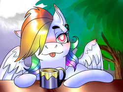 Size: 1600x1200 | Tagged: safe, artist:brainiac, rainbow dash, pegasus, pony, g4, blushing, coffee cup, cup, cute, ear piercing, earring, female, hair over one eye, jewelry, mare, piercing, solo, table, tongue out, tree, wonderbolts