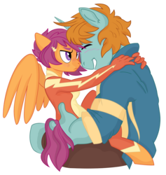 Size: 910x961 | Tagged: safe, artist:dbkit, scootaloo, snips, pegasus, unicorn, anthro, unguligrade anthro, g4, clothes, cute, duo, eyes closed, female, male, mare, older, older scootaloo, older snips, ship:scootasnips, shipping, simple background, smiling, stallion, story in the source, straight, transparent background