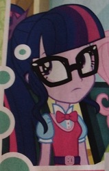 Size: 349x548 | Tagged: safe, official comic, fluttershy, sci-twi, twilight sparkle, epic fails, equestria girls, g4, my little pony equestria girls: summertime shorts, official, bowtie, comic, female, glasses, magazine, solo focus, united kingdom