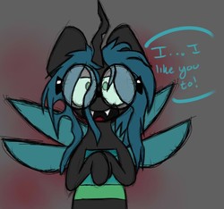 Size: 856x800 | Tagged: safe, artist:booker-the-dewitt, queen chrysalis, changeling, changeling queen, g4, dork, dorkalis, female, glasses, grammar error, sketch, solo