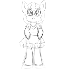 Size: 1024x1024 | Tagged: safe, artist:binkyt11, oc, oc only, pony, bipedal, brat, clothes, dress, female, filly, looking at you, monochrome, simple background, sketch, solo, white background