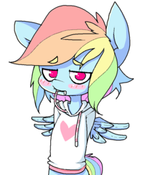 Size: 689x853 | Tagged: safe, artist:hoodie, rainbow dash, pegasus, anthro, g4, blushing, clothes, cute, dashabetes, female, hands behind back, hoodie, lace in mouth, looking at you, mare, solo