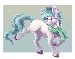 Size: 1271x1003 | Tagged: safe, artist:serenity, oc, oc only, oc:rimfrost, pony, clothes, cute, male, one eye closed, pastel, scarf, simple background, solo, wink