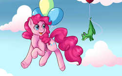 Size: 3000x1877 | Tagged: safe, artist:rosewend, gummy, pinkie pie, earth pony, pony, g4, balloon, cloud, floating, looking at each other, looking back, open mouth, sky, smiling, then watch her balloons lift her up to the sky, underhoof