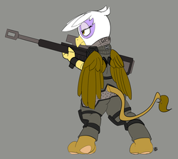 Size: 1280x1144 | Tagged: safe, artist:pabbley, gilda, griffon, g4, bipedal, clothes, female, gun, rifle, simple background, solo, titanfall, weapon