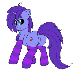 Size: 1066x1025 | Tagged: safe, artist:seafooddinner, derpibooru exclusive, oc, oc only, oc:seafood dinner, pony, unicorn, butt, chest fluff, clothes, cute, dock, featureless crotch, female, looking back, mare, messy mane, plot, rear view, simple background, smiling, socks, solo, striped socks, transparent background