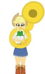 Size: 622x1023 | Tagged: safe, artist:haleyc4629, applejack, equestria girls, g4, my little pony equestria girls: friendship games, apple, boots, breasts, clothes, cowboy boots, cowboy hat, cowgirl, denim skirt, female, hat, musical instrument, playing instrument, skirt, solo, sousaphone, stetson, tuba, tubajack