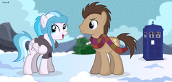 Size: 2250x1080 | Tagged: safe, artist:noah-x3, doctor whooves, time turner, oc, oc:lesa castle, earth pony, pegasus, pony, g4, clothes, doctor who, duo, female, hoodie, mare, show accurate, snow, tardis, the doctor, winter