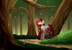 Size: 3000x2072 | Tagged: safe, artist:ohhoneybee, oc, oc only, oc:teddy, firefly (insect), pony, unicorn, clothes, female, forest, high res, mare, socks, solo, tree