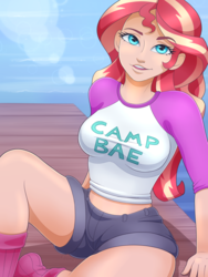 Size: 3600x4800 | Tagged: safe, alternate version, artist:fawness, sunset shimmer, equestria girls, g4, absurd resolution, big breasts, breasts, busty sunset shimmer, camp everfree, camp everfree outfits, clothes, female, human coloration, legs, light skin, looking at you, midriff, short shirt, shorts, socks, solo, thighs