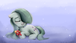 Size: 1024x576 | Tagged: safe, artist:pucksterv, big macintosh, marble pie, earth pony, pony, eyes closed, floppy ears, implied marblemac, implied shipping, implied straight, male, plushie, prone, solo, stallion