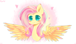 Size: 1713x1001 | Tagged: safe, artist:ooopastelbutterooo, fluttershy, pony, g4, blushing, cute, female, heart, shyabetes, simple background, smiling, solo, spread wings, transparent background, wings