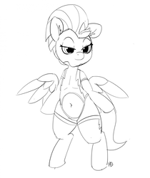 Size: 1280x1526 | Tagged: safe, artist:pabbley, lightning dust, pegasus, pony, g4, 30 minute art challenge, bedroom eyes, belly button, bipedal, black and white, clothes, female, grayscale, mare, midriff, monochrome, simple background, sketch, smiling, solo, uniform, white background, wonderbolt trainee uniform