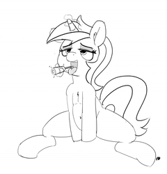 Size: 1280x1331 | Tagged: safe, artist:pabbley, minuette, pony, g4, 30 minute art challenge, female, glowing horn, horn, monochrome, sitting, solo, tongue out, toothbrush