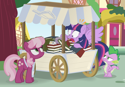 Size: 1200x840 | Tagged: safe, artist:dm29, cheerilee, spike, twilight sparkle, alicorn, dragon, earth pony, pony, g4, apron, book, book cart, clothes, female, male, mare, stallion, that pony sure does love books, twilight sparkle (alicorn)