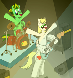 Size: 3768x4044 | Tagged: safe, artist:tacomytaco, oc, oc only, oc:taco.m.tacoson, pegasus, pony, band, bipedal, chest fluff, cute, drum kit, drums, duo, guitar, high res, male, musical instrument, performance, speaker, stallion, wing hands, wings