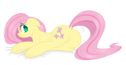 Size: 1024x532 | Tagged: safe, artist:posionjoke, fluttershy, earth pony, pony, g4, butt, cute, earth pony fluttershy, featureless crotch, female, floppy ears, looking at you, looking sideways, plot, prone, race swap, simple background, solo, white background, wingless