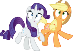 Size: 9148x6400 | Tagged: safe, artist:parclytaxel, applejack, rarity, earth pony, pony, unicorn, g4, made in manehattan, .svg available, :o, absurd resolution, applejack's damaged hat, booty call, female, frown, glowing cutie mark, mare, open mouth, raised hoof, raised leg, simple background, transparent background, vector, wide eyes