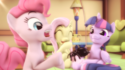 Size: 2560x1440 | Tagged: safe, artist:redaceofspades, fluttershy, pinkie pie, twilight sparkle, alicorn, earth pony, pegasus, pony, spider, g4, 3d, arachnophobia, commission, eyes closed, female, giggling, mare, prank, scared, screaming, smiling, source filmmaker, trio, twilight sparkle (alicorn)