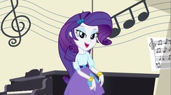 Size: 1100x618 | Tagged: safe, screencap, rarity, equestria girls, g4, my little pony equestria girls: friendship games, bracelet, clothes, female, jewelry, lidded eyes, looking at you, music notes, musical instrument, piano, skirt, solo