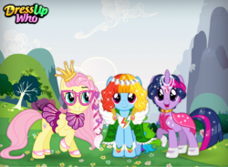 Size: 750x550 | Tagged: safe, artist:user15432, fluttershy, rainbow dash, twilight sparkle, alicorn, pegasus, pony, unicorn, g4, clothes, crown, dress, dress up game, dress up who, dressup, dressupwho, flash game, glamour, glitter, hair styling, hairstyle, hairstyles, jewelry, makeover, mane six, necklace, regalia, shoes, sparkly mane, sparkly tail, starsue, styled hair, trio, twilight sparkle (alicorn)