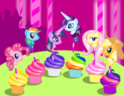 Size: 1020x793 | Tagged: safe, artist:user15432, applejack, fluttershy, pinkie pie, rainbow dash, rarity, twilight sparkle, alicorn, pony, g4, cake, cake pop, cupcake, dress up who, dressupwho, flash game, food, mane six, rainbow cupcake, twilight sparkle (alicorn)