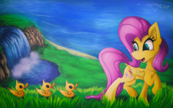 Size: 3200x2000 | Tagged: safe, artist:ferasor, fluttershy, pegasus, pony, fluttershy leans in, g4, cute, duckling, female, fluttermom, high res, looking back, mare, outdoors, shyabetes, smiling, water
