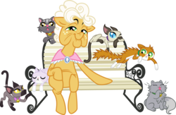 Size: 941x612 | Tagged: safe, artist:punzil504, goldie delicious, cat, earth pony, pony, siamese cat, every little thing she does, g4, animal, bell, bell collar, bench, collar, crazy cat lady, female, goldie delicious' cats, licking, mare, simple background, too many cats, transparent background