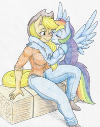 Size: 4569x5809 | Tagged: safe, artist:flicker-show, applejack, rainbow dash, earth pony, pegasus, anthro, g4, absurd resolution, blushing, breasts, clothes, cowboy hat, female, freckles, hat, hay bale, jeans, kissing, lesbian, multicolored hair, muscles, one eye closed, pants, plaid shirt, rainbuff dash, ship:appledash, shipping, shirt, shoes, simple background, sitting, smiling, stetson, traditional art, white background