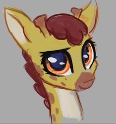 Size: 743x795 | Tagged: safe, artist:inowiseei, clementine, giraffe, fluttershy leans in, g4, colored sketch, cute, female, gray background, looking at you, simple background, smiling, solo