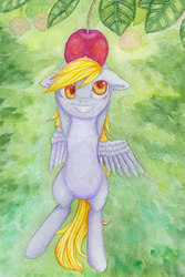 Size: 2000x3000 | Tagged: safe, artist:0okami-0ni, derpy hooves, pegasus, pony, g4, berry, female, floppy ears, grin, hanging, high res, leaves, mare, micro, smiling, solo, traditional art, watercolor painting