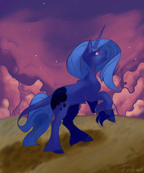 Size: 1024x1229 | Tagged: safe, artist:finchina, princess luna, classical unicorn, pony, g4, blank flank, female, horn, leonine tail, race swap, rearing, s1 luna, solo, stars, twilight (astronomy), unshorn fetlocks