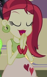 Size: 375x618 | Tagged: safe, screencap, cherry crash, rose heart, teddy t. touchdown, equestria girls, g4, my little pony equestria girls: friendship games, background human, bracelet, chs rally song, cropped, ear piercing, earring, eyes closed, heart, jewelry, lipstick, open mouth, piercing, smiling, solo focus