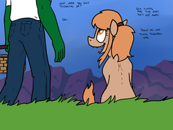 Size: 2400x1800 | Tagged: safe, artist:pony quarantine, oc, oc only, oc:amber rose (thingpone), oc:anon, oc:thingpone, earth pony, human, pony, basket, body horror, clothes, dialogue, duo, eldritch abomination, female, grass, looking up, male, mare, pants, shirt, text