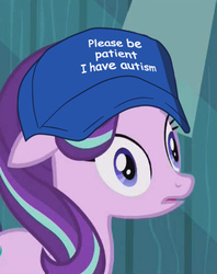 Size: 342x432 | Tagged: safe, edit, edited screencap, screencap, starlight glimmer, pony, unicorn, g4, the crystalling, autism, autistic starlight, cap, cropped, derp, faic, female, floppy ears, frown, hat, mare, meme, open mouth, please be patient i have autism, solo, wat, wide eyes