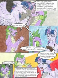 Size: 1280x1707 | Tagged: safe, artist:tillie-tmb, spike, twilight sparkle, alicorn, dragon, pony, comic:the amulet of shades, g4, clipboard, comic, fire, green fire, traditional art, twilight sparkle (alicorn)
