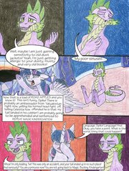Size: 1024x1365 | Tagged: safe, artist:tillie-tmb, spike, twilight sparkle, alicorn, dragon, pony, comic:the amulet of shades, g4, comic, fire, green fire, older, traditional art, twilight sparkle (alicorn)