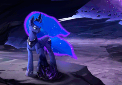 Size: 742x514 | Tagged: safe, artist:rodrigues404, princess luna, alicorn, pony, g4, animated, asteroids, cinemagraph, crystal, dark magic, female, gif, magic, mare, moon, raised hoof, scenery, solo, space