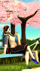 Size: 2160x3840 | Tagged: safe, artist:gbrushandpaint, oc, oc only, oc:kimiko, bird, butterfly, anthro, plantigrade anthro, 3d, anthro oc, bicycle, breasts, clothes, crossed legs, female, grass, high res, mare, shoes, sitting, smiling, source filmmaker, tree