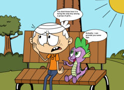 Size: 2179x1575 | Tagged: safe, artist:eagc7, spike, dragon, human, g4, bench, bush, clothes, commission, crossover, dialogue, lincoln loud, male, nickelodeon, sun, the loud house, tree
