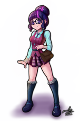 Size: 712x1080 | Tagged: safe, artist:the-park, sci-twi, twilight sparkle, equestria girls, g4, bag, breasts, clothes, crystal prep academy uniform, cute, female, glasses, human coloration, looking at you, necktie, school uniform, shoes, simple background, socks, solo, standing, twiabetes, white background