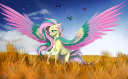 Size: 3682x2300 | Tagged: safe, artist:vinicius040598, fluttershy, butterfly, pony, g4, female, food, high res, rainbow power, solo, spread wings, wheat, wings
