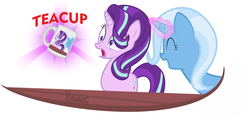 Size: 1280x615 | Tagged: safe, artist:uliks-uliks, starlight glimmer, trixie, pony, unicorn, g4, coffee mug, female, glowing horn, horn, magic, mare, mug, simple background, that pony sure does love teacups, vector, white background