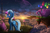 Size: 2000x1338 | Tagged: safe, artist:atlas-66, trixie, pony, unicorn, all bottled up, g4, my little pony: friendship is magic, bad end, balancing, balloon, city, cloud, cup, female, floating island, lonely, mare, ponies balancing stuff on their nose, radio tower, sad, scenery, solo, sunset, surreal, teacup, that pony sure does love teacups, twilight (astronomy)