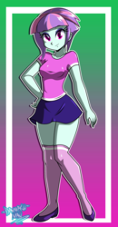 Size: 1560x3000 | Tagged: safe, artist:danmakuman, sunny flare, human, equestria girls, g4, clothes, commission, cute, female, microskirt, miniskirt, moe, shoes, signature, skirt, smiling, socks, solo, thigh highs, thigh socks, thighs
