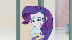 Size: 1100x618 | Tagged: safe, screencap, rarity, equestria girls, g4, hamstocalypse now, my little pony equestria girls: rainbow rocks, belt, blinking, bracelet, clothes, cringing, eyeshadow, female, hairpin, jewelry, makeup, shirt, skirt, solo, teeth