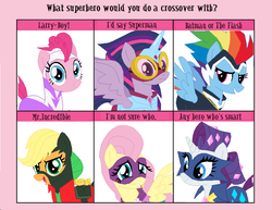 Size: 850x655 | Tagged: source needed, safe, applejack, fili-second, fluttershy, mistress marevelous, pinkie pie, radiance, rainbow dash, rarity, saddle rager, twilight sparkle, zapp, alicorn, pony, g4, 6 pony meme, mane six, masked matter-horn costume, meme, power ponies, twilight sparkle (alicorn), veggietales