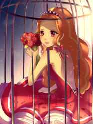 Size: 761x1016 | Tagged: safe, artist:lorrainiaful, adagio dazzle, human, g4, birdcage, bouquet, clothes, dress, female, flower, humanized, rear view, rose, solo, watermark